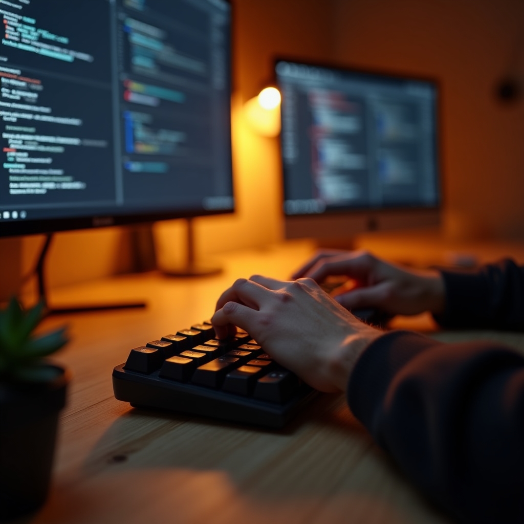 Independent SEO consultant working deeply on technical audit, close-up of hands on keyboard with warm ambient lighting in green office