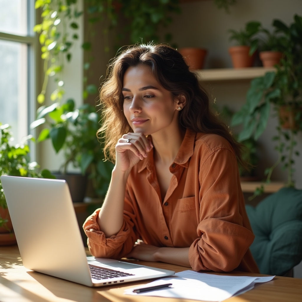 Small business owner in her 30s reviewing SEO report on laptop, casual smart attire, sustainable workspace with plants and natural materials
